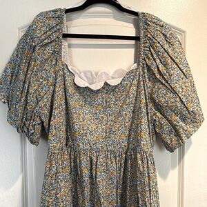 English Factory Blue Multi Floral High-Low Dress with Puff Sleeves